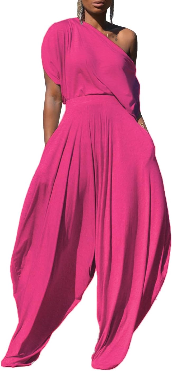 2 Piece Outfits for Women Matching Lounge Tracksuits Sets Off Shoulder Tops and Harem Pants Set