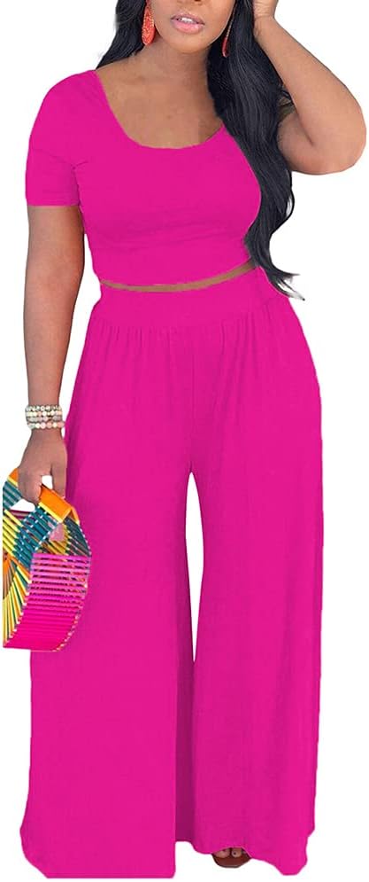 2 Piece Outfits for Women Sexy Backless Short Sleeve Crop Top High Waist Wide Leg Long Pant Sets Tracksuit Sport Set