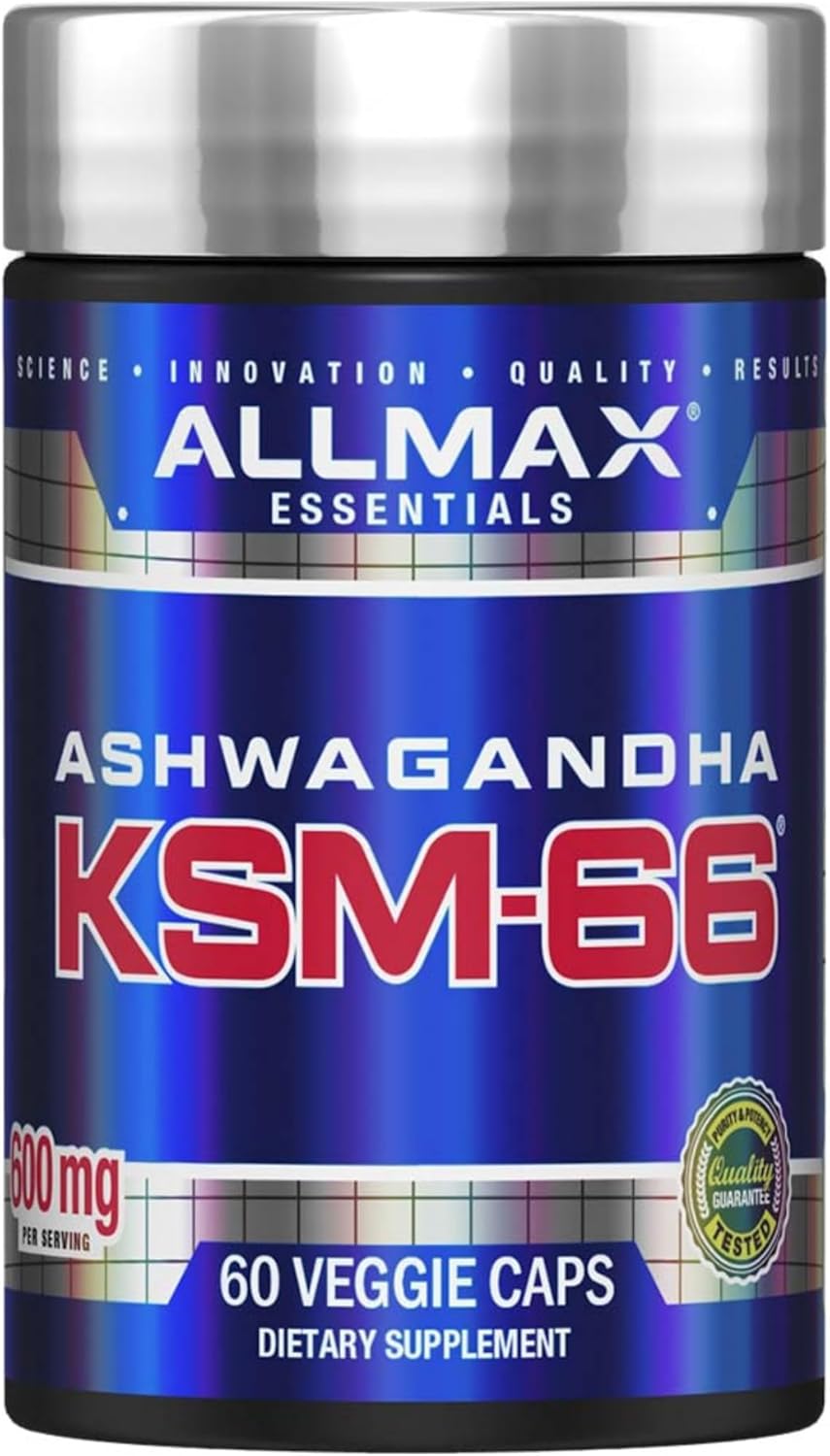 ALLMAX Essentials Ashwagandha KSM-66 (60 Veggie Caps) – Increase Muscle Strength & Recovery – Non-GMO, Gluten Free – 30 Servings