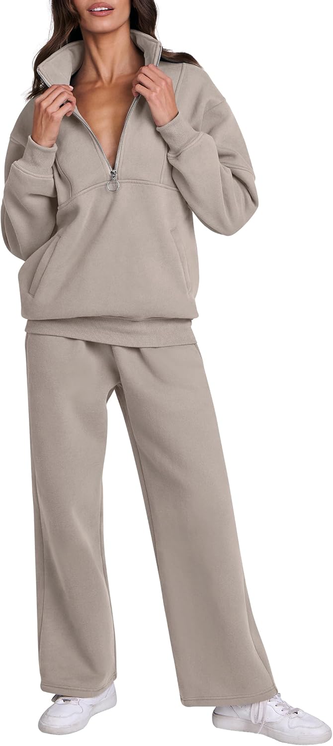 ANRABESS Women 2 Piece Outfits Sweatsuit Oversized Half Zip Sweatshirt Matching Wide Leg Sweatpant Lounge Set Fall Tracksuit
