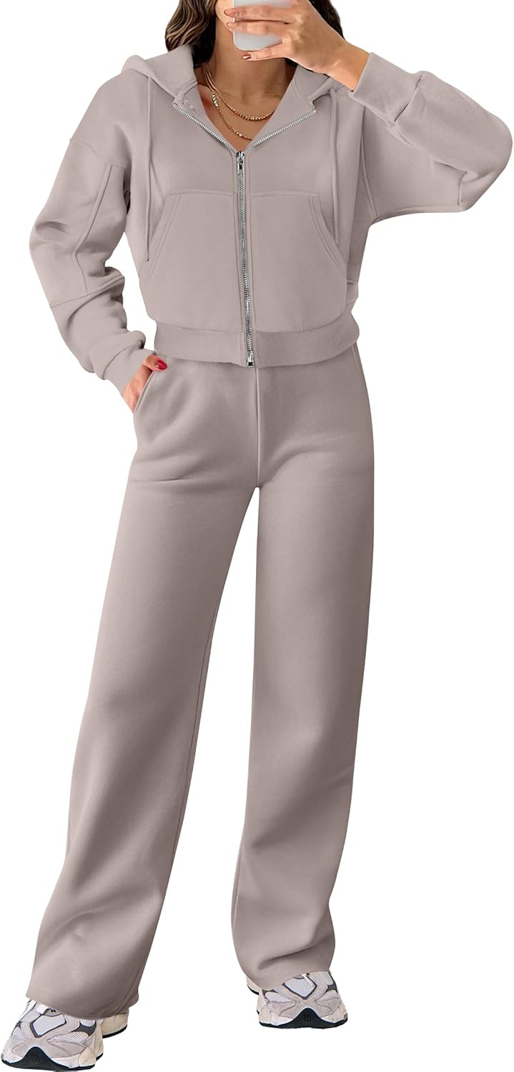 ANRABESS Women 2 Piece Outfits Sweatsuit Zip Up Crop Hoodies SweatPants Lounge Matching Sweat Set 2024 Winter Trendy Clothes