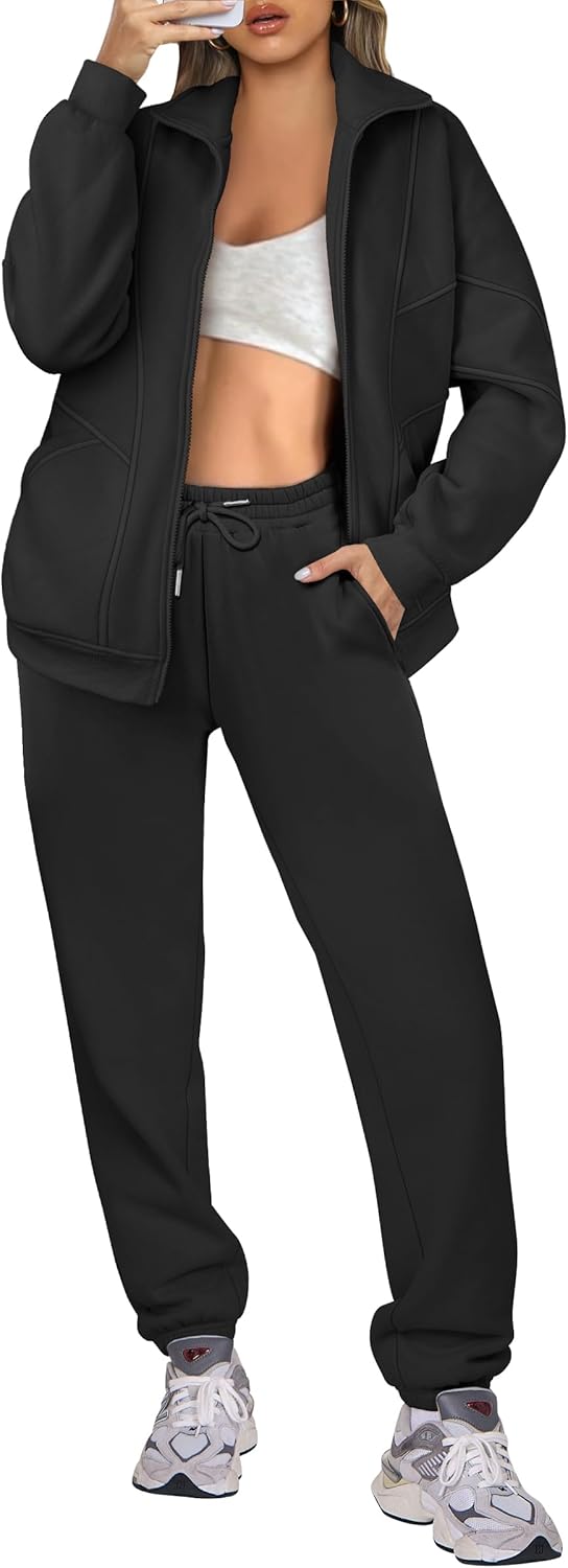 ANRABESS Women 2 Piece Outfits Sweatsuits Oversized Zip Up Sweatshirt Jacket Jogger Sweatpants Fall Sweat Lounge Sets