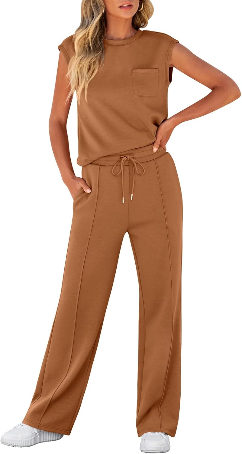 ANRABESS Women’s Summer 2 Piece Outfits Casual Sleeveless Sweatsuits Matching Wide Leg Tracksuits Lounge Sets Fashion Clothes