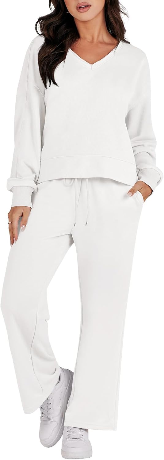 ANRABESS Women’s Two Piece Outfits Matching Sets Long Sleeve Crop Pullover Top and Wide Leg Pants Tracksuit Lounge Set