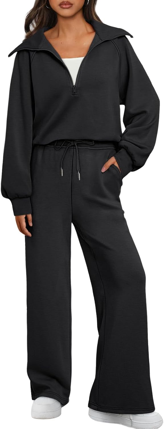 AUTOMET Womens 2 Piece Outfits Long Sleeve Sweatsuits Matching Sets Half Zip Sweatshirts with Wide Leg Sweatpants
