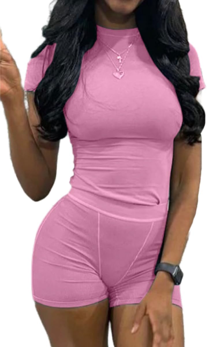 AYWA Two Piece Outfits for Women Fitted Crew Neck T-shirt AYWA Two Piece Outfits for Women Fitted Crew Neck T-shirt High Waist Leggings Biker Shorts Matching Sets Streetwear