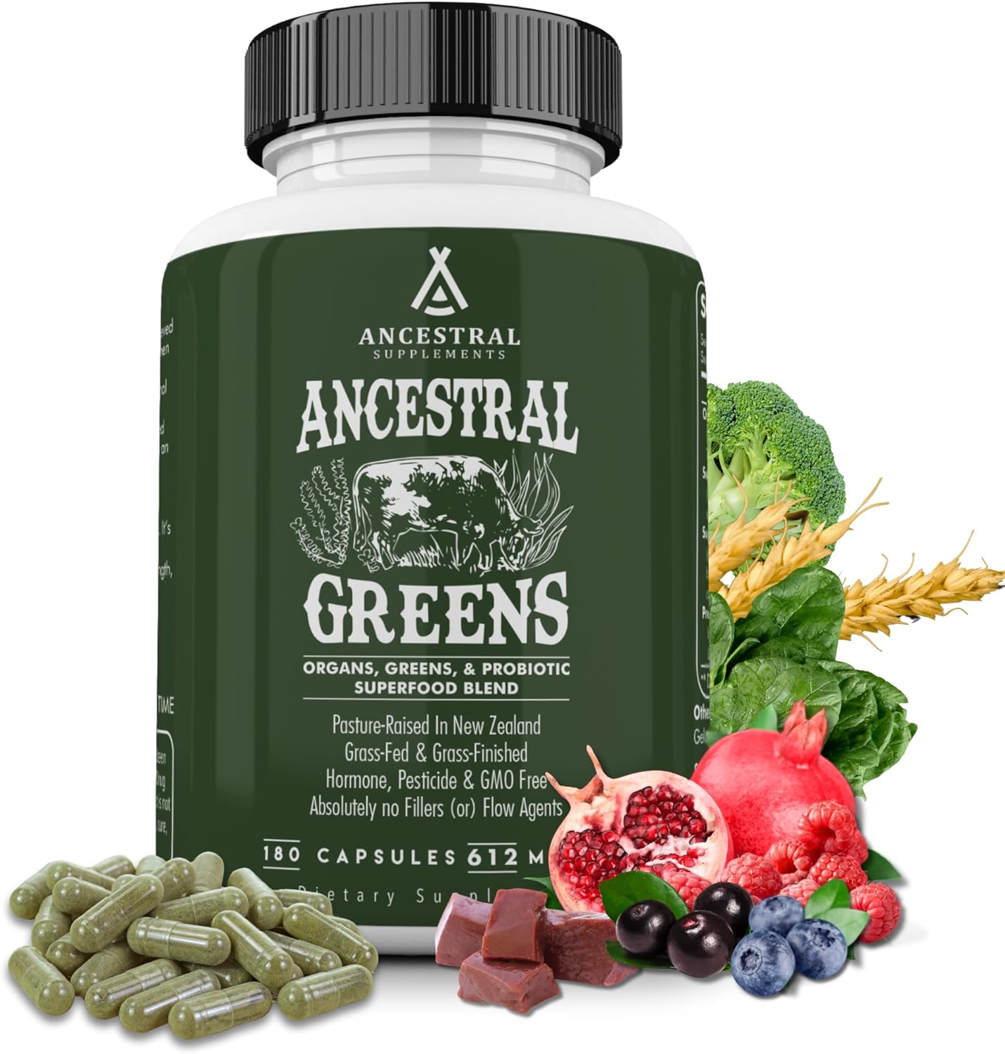 Ancestral Supplements Greens Powder Capsules, Organic Superfood Greens & Reds Blend with Spirulina, Chlorella, Grass Fed Beef Organs, and Probiotics for Gut Health, Non GMO, 615mg Each, 180 Count