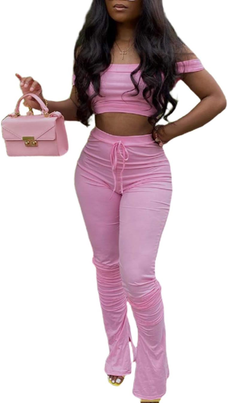 Annystore Women’s Sexy 2 Piece Outfits Clubwear Off Shoulder Tube Crop Tops + Split Bodycon Long Pants Set Tracksuit