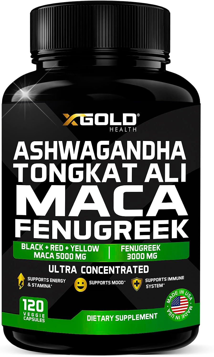 Ashwagandha 5000mg + Tongkat Ali 1000mg + Maca Root 5000mg + Fenugreek 3000mg Supplement | Black + Red + Yellow Maca Root Extract & Fenugreek Herbal Supplements for Men & Women – Made in USA
