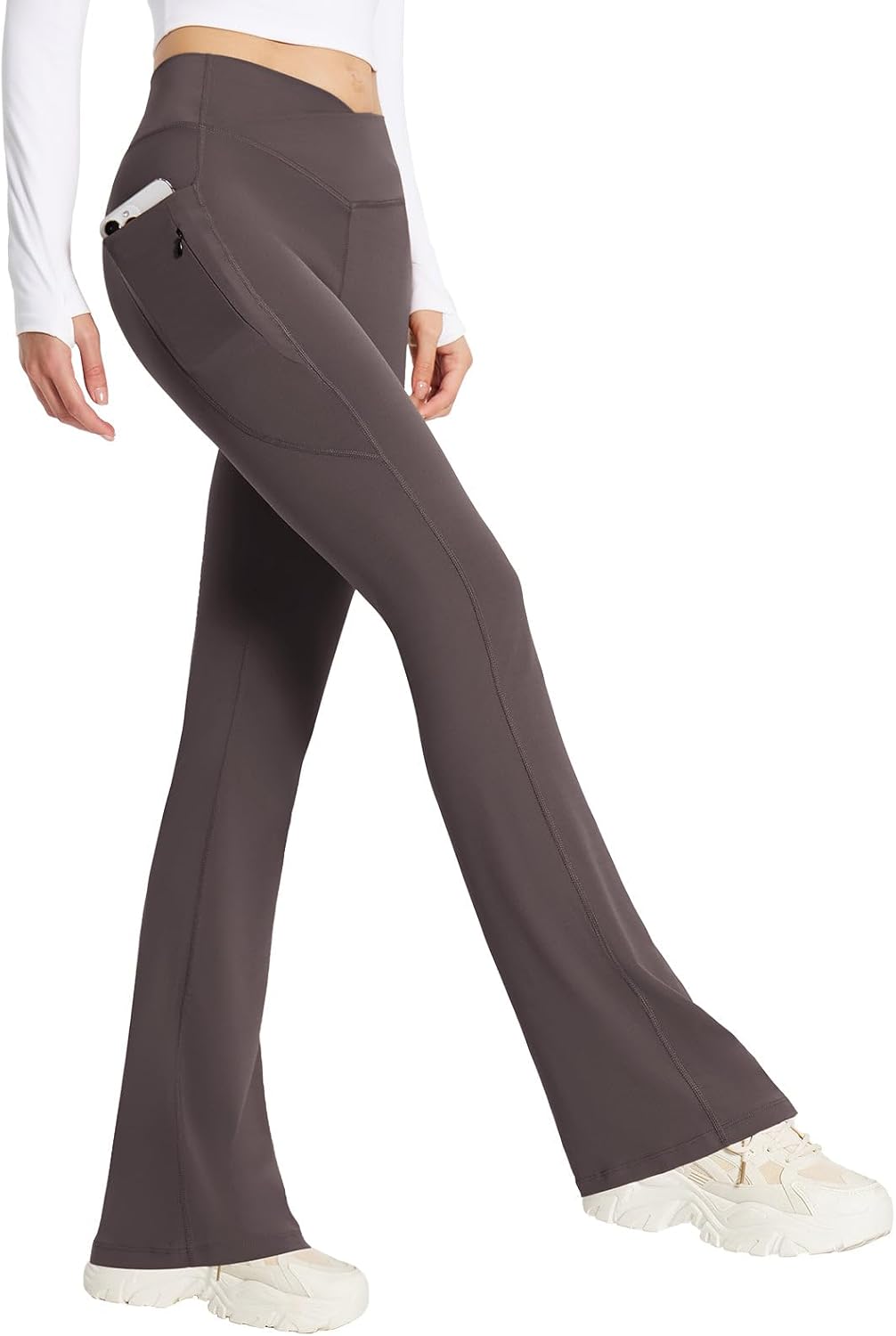 BALEAF Women’s Flare Leggings with Zipper Pockets Crossover High Waist Bootcut Yoga Pants Tummy Control Bell Bottom Leggings