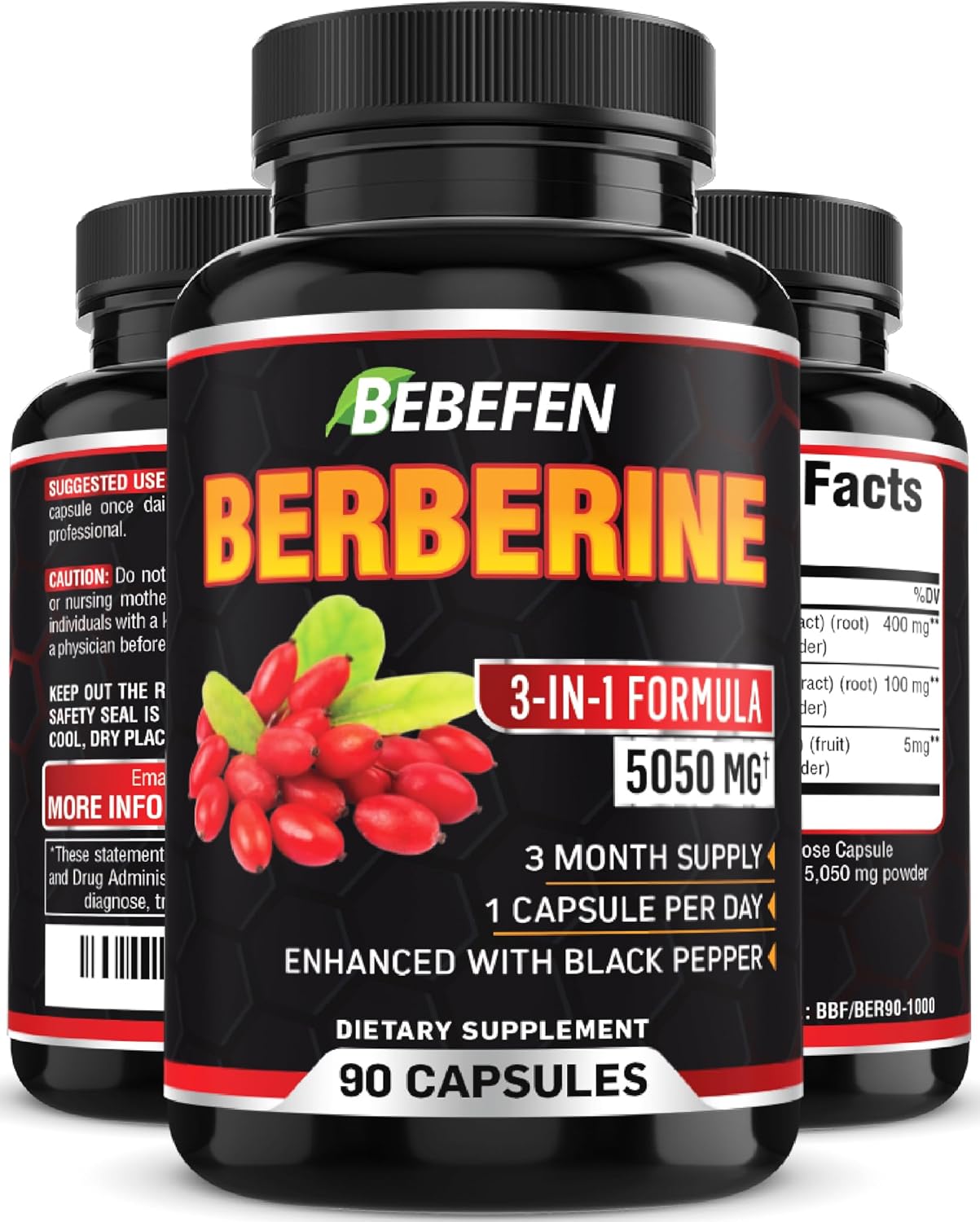 BEBEFEN Berberine Capsules – 5050mg Formula Pills with Black Pepper Extract – 90 Capsules Berberine Supplement for Supports Healthy Immune System, Cardiovascular Heart – 3 Month Supply