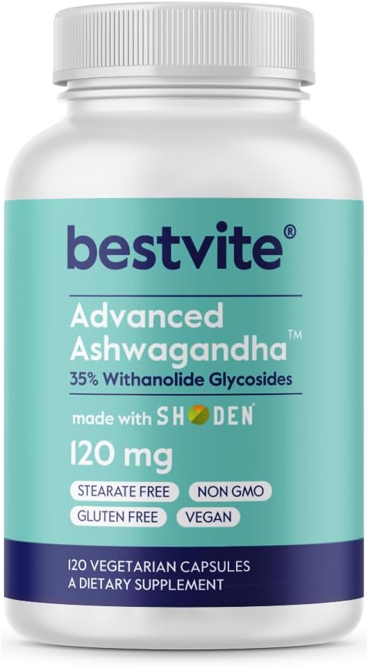 BESTVITE Advanced Ashwagandha 120mg w/Shoden (120 Vegetarian Capsules) – Clinically Studied Containing Industry Leading 35% Withanolide Glycosides – No Stearates – Vegan – Non GMO – Gluten Free