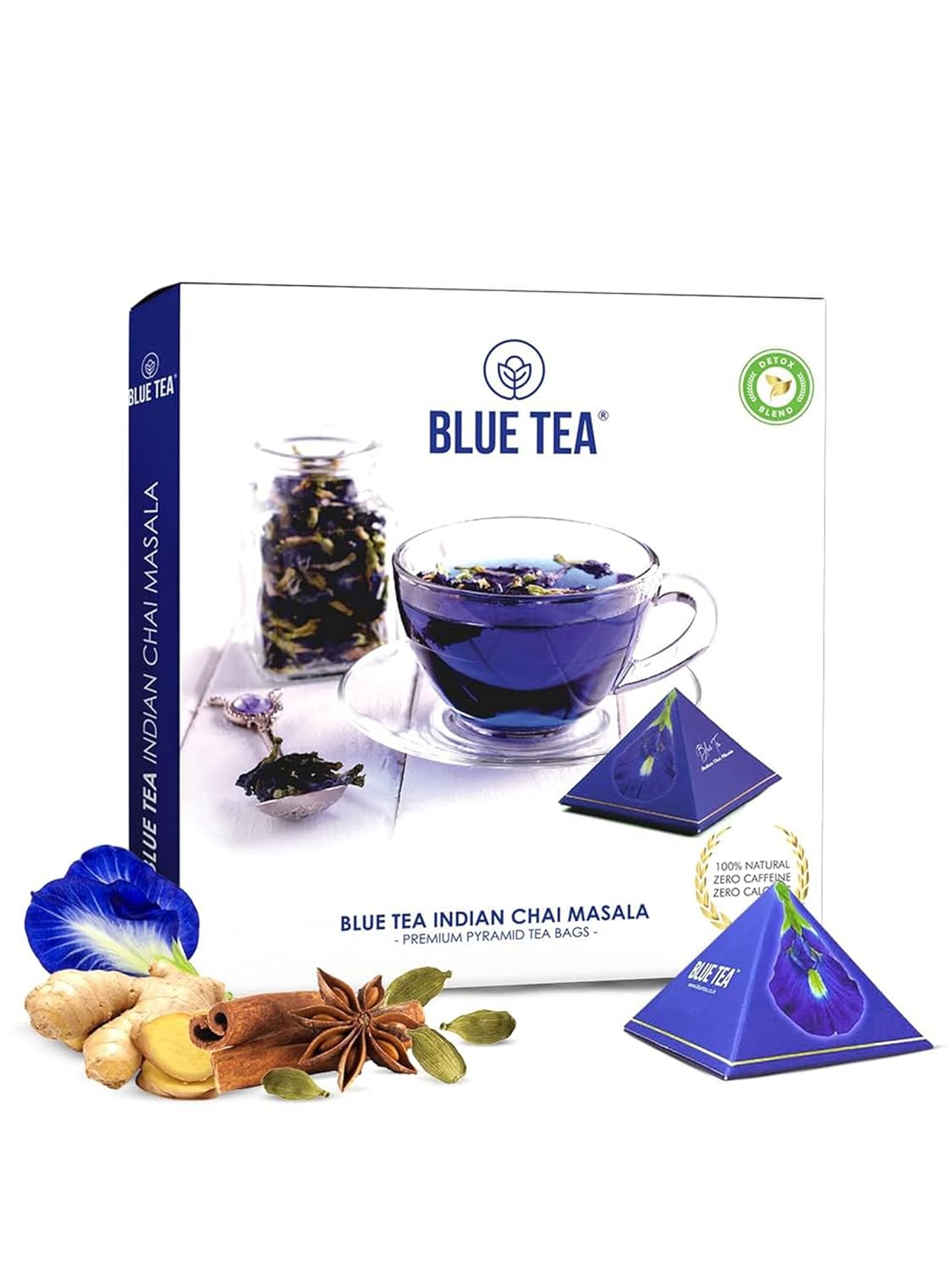 BLUE TEA – Indian Chai Masala – 12 Count – Plant Based Tea Bag | TEA GIFT PACK | Flower & Indian Spices Based | Caffeine-Free – Detox Tea – Gluten Free – Herbal Tea – Vegan – Non-Bitter | Gifts Box