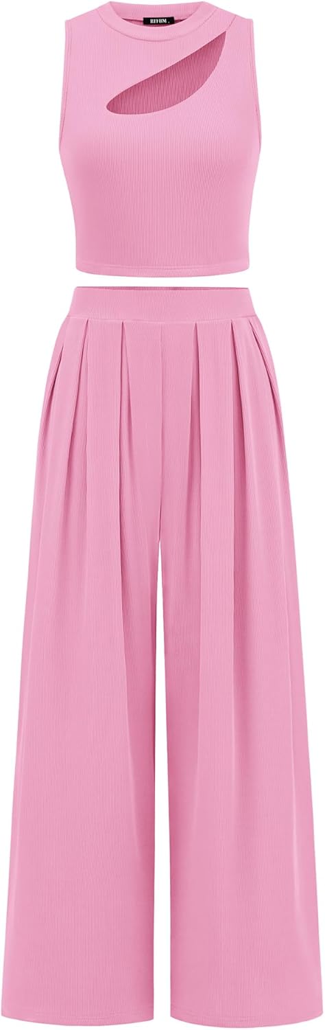 BTFBM Women 2 Piece Outfits 2024 Spring Summer Tracksuits Mock Neck Sleeveless Cutout Crop Top Wide Leg Pants Sweatsuits