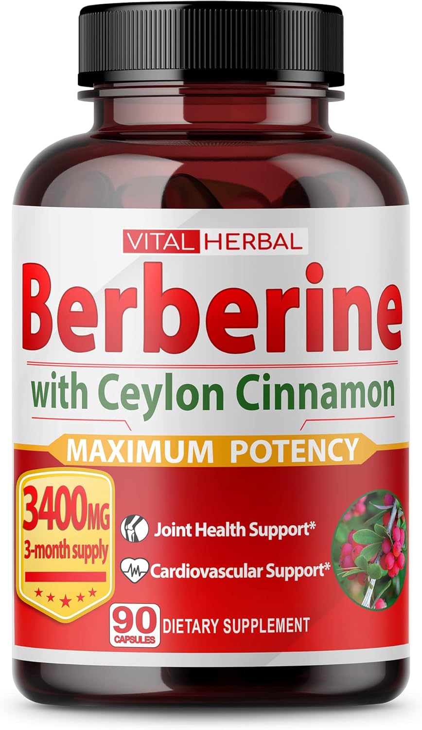 Berberine with Ceylon Cinnamon Capsules Equivalent to 3400 mg Maximum Potency with Gymnema Sylvestre Ashwagandha Black Pepper Glucose Metabolism Support 90 Days Supply, 90 Count (Pack of 1)