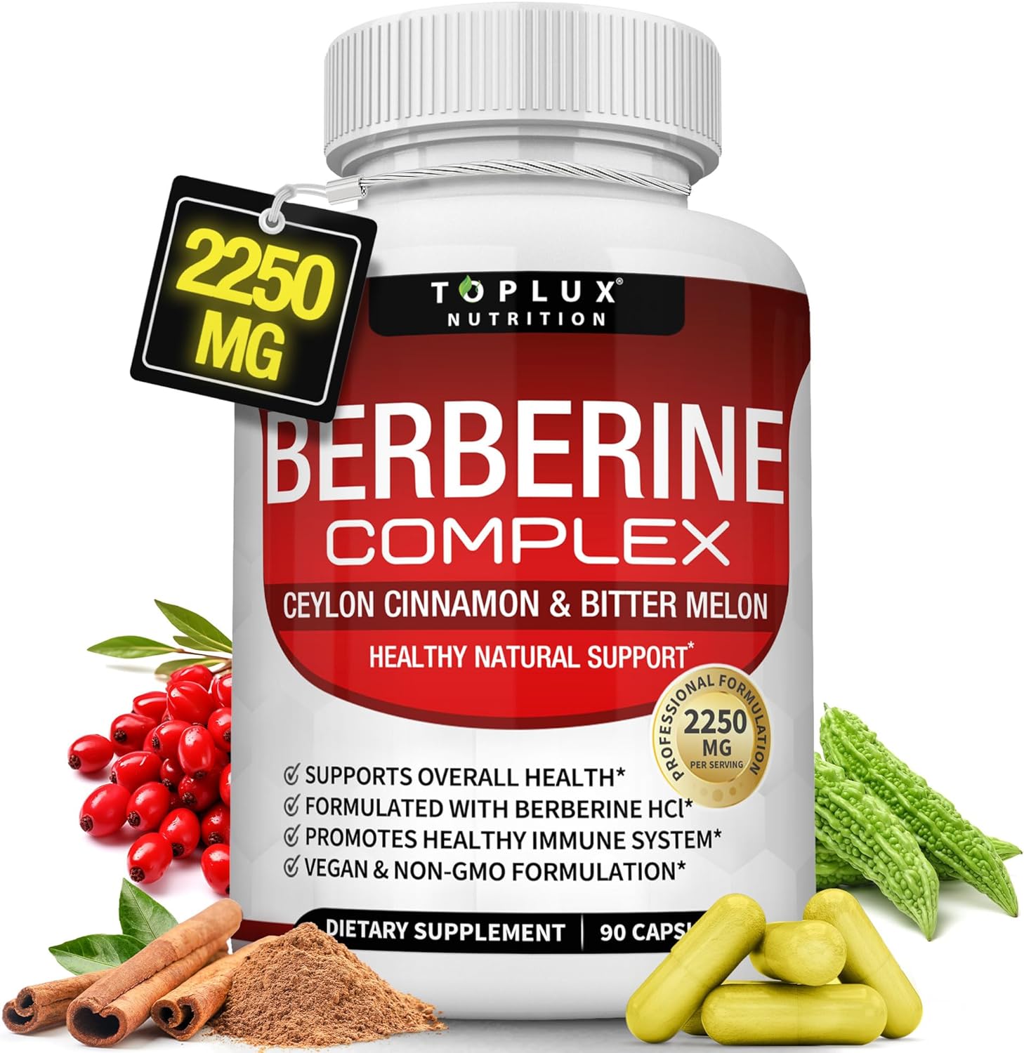 Berberine with Ceylon Cinnamon and Bitter Melon 2250mg – Premium Berberine HCl 97% purity Organic Ceylon Cinnamon & Bitter Melon, Berberine plus supplement, Healthy Immune System, Non-GMO 90 Capsules
