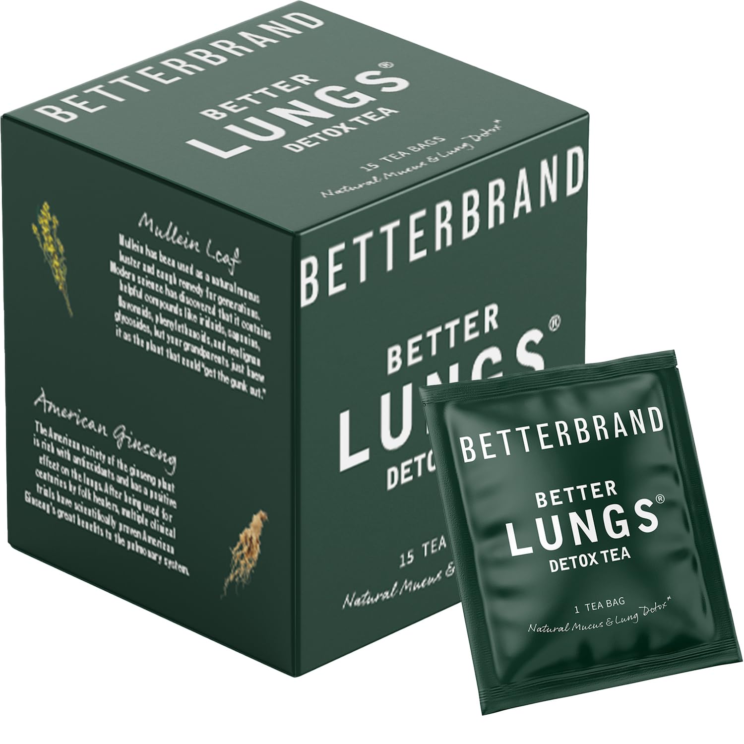 Betterbrand BetterLungs Detox Tea – 15 Herbal Tea Bags – Mullein Leaf, Ginseng, Elderberry, Ginger & Thyme for Lung Cleanse, Congestion Relief, Mucus Detox – Caffeine Free