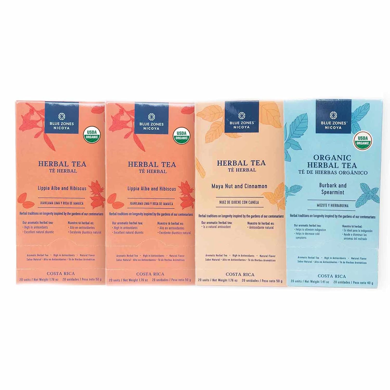 Blue Zones Nicoya – Variety Pack of 2 Lippia Alba, 1 Maya Nut, 1 Burbark Tea Bags – 100% Natural, Organic, and Refreshing – High Micronutrients – Gluten, Caffeine, Sugar-Free – 4 Packs of 20