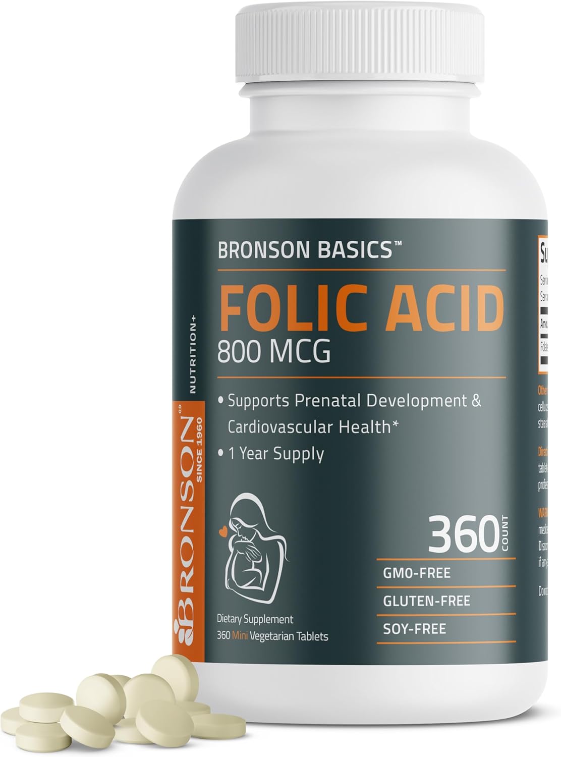 Bronson Folic Acid 800 MCG Supports Prenatal Development, 1 Year Supply, Non-GMO, 360 Tablets