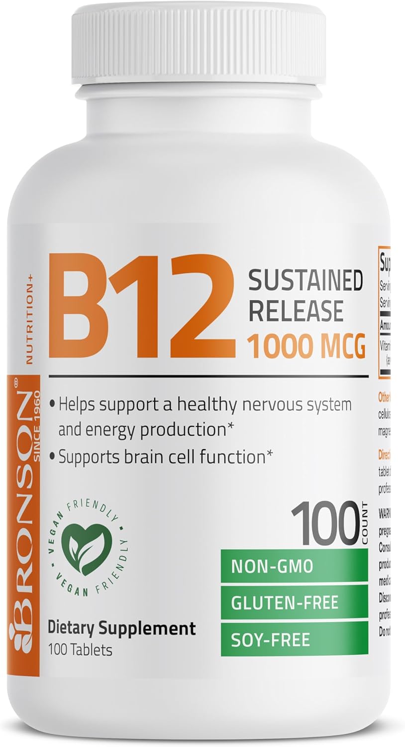 Bronson Vitamin B12 1000 mcg (B12 Vitamin As Cyanocobalamin) Sustained Release Premium Non GMO Tablets Supports Nervous System, Healthy Brain Function and Energy Production, 100 Count