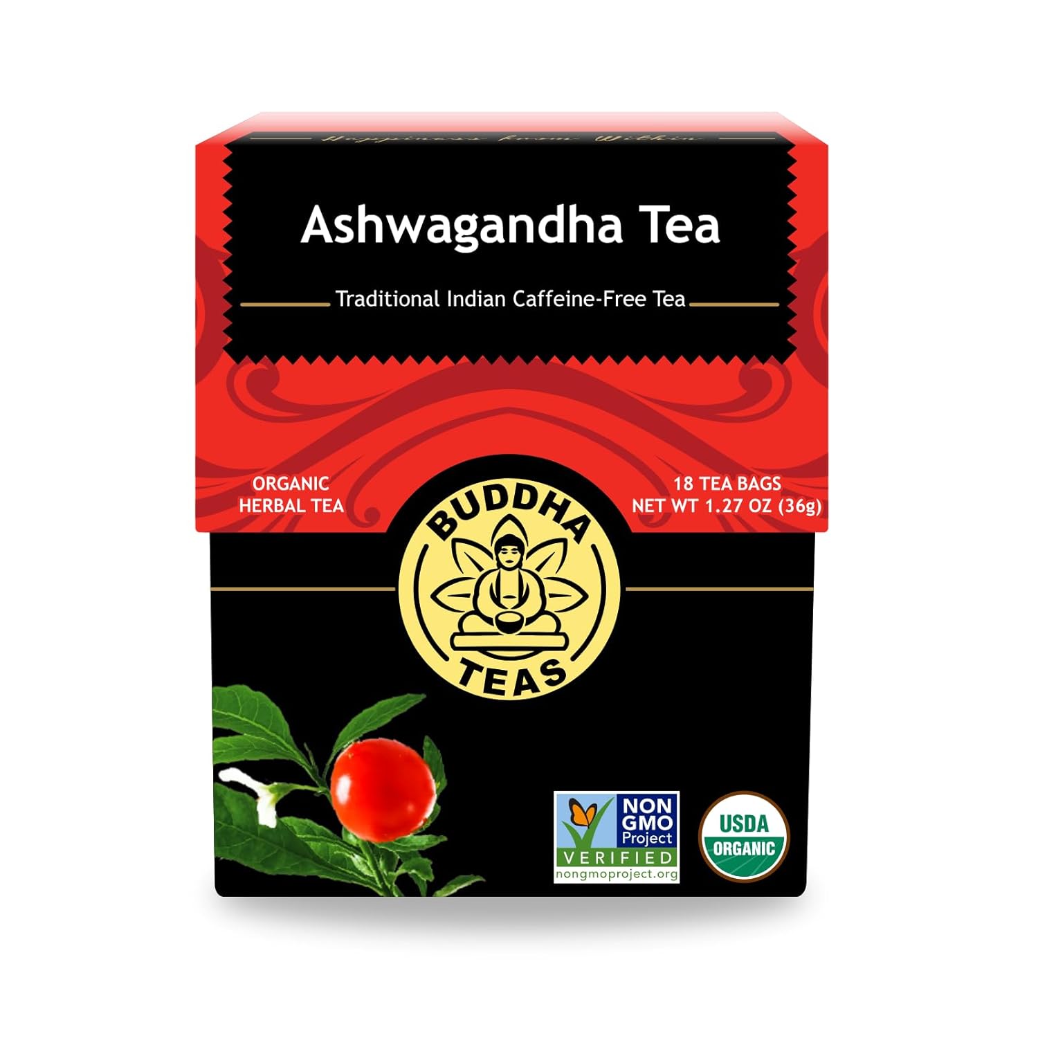 Buddha Teas – Organic Ashwagandha Root Tea – Herbal Tea – For Health & Wellbeing – With Antioxidants & Minerals – Clean Ingredients – Caffeine Free – OU Kosher & Non-GMO – 18 Tea Bags (Pack of 1)
