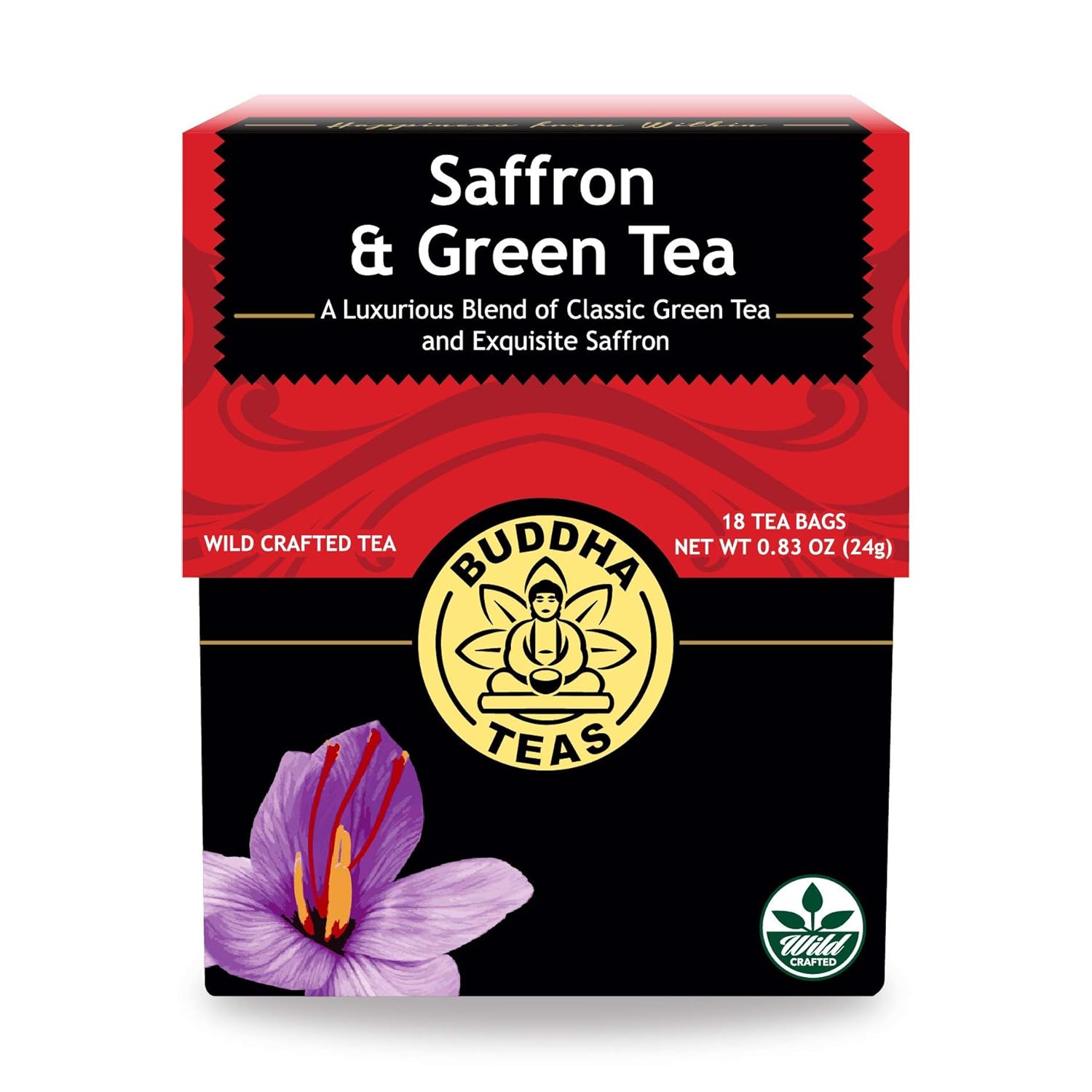 Buddha Teas – Saffron & Green Tea – For Health & Wellbeing – Wild Crafted Tea – With Antioxidants & Minerals – Clean Ingredients – Caffeinated – OU Kosher – 18 Tea Bags (Pack of 1)