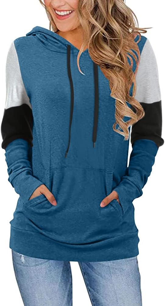CATHY Women’s Casual Drawstring Pullover Tunic Top Long Sleeve Color Block Hoodie Sweatshirts With Pocket