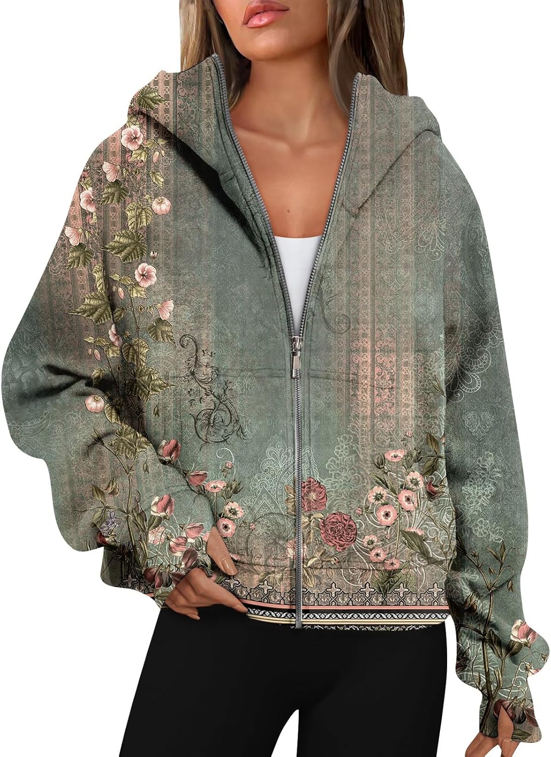 COTECRAM Womens Full Zip Up Hoodie Long Sleeve Oversized Graphic Sweatshirt Fall Jacket with Pockets Fashion Clothes 2024