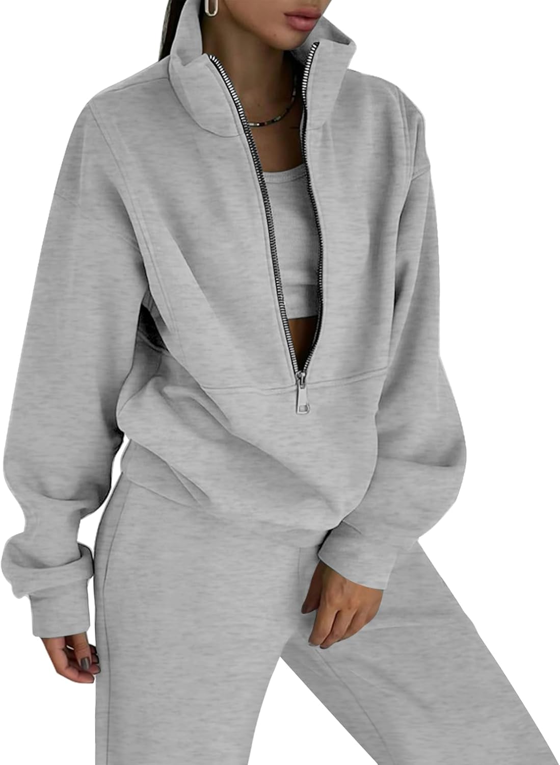 COZYPOIN Women’s Fleece Two Piece Outfit Half Zip Sweatshirt and Joggers Pants Set Tracksuit