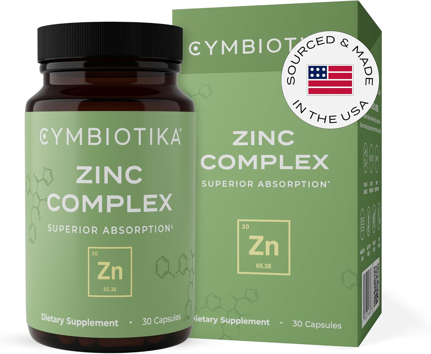 CYMBIOTIKA Zinc Complex, High Absorption Zinc Supplement with Copper, Including Zinc Picolinate, Zinc Monomethione, & Sucrosomial Zinc, Powerful Immune System Booster for Adults, Non-GMO, 30 Capsules