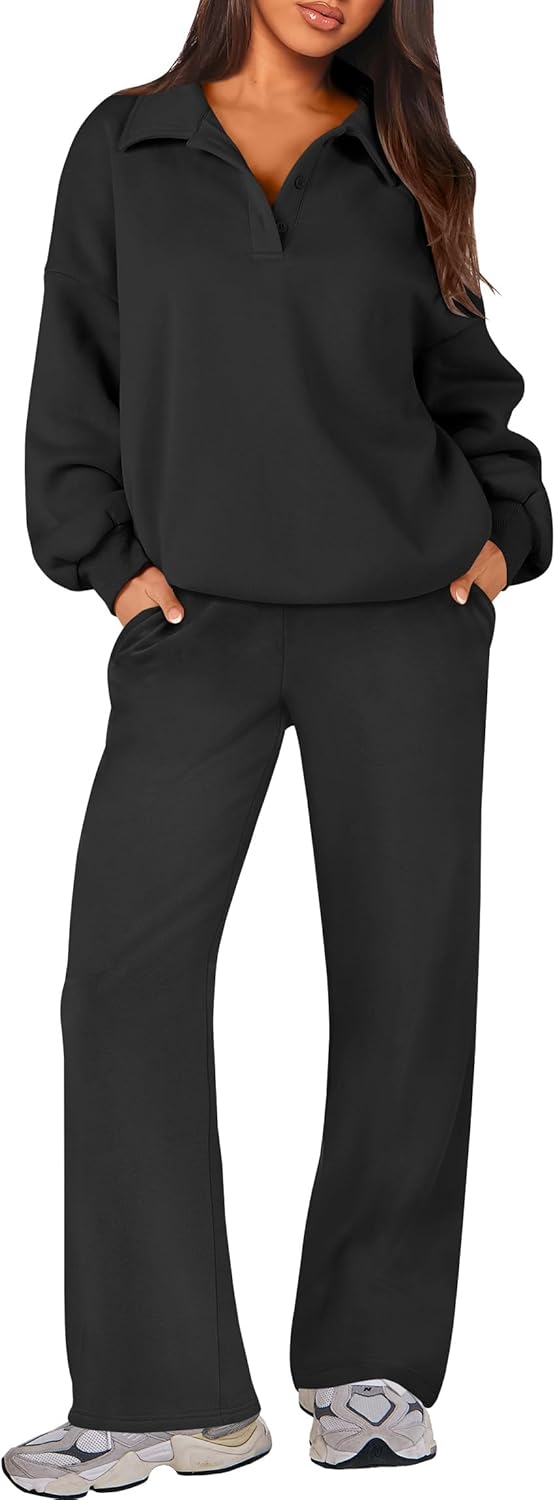 Caracilia 2 Piece Outfits for Women Sweatsuits Button Oversized Sweatshirt Sweatpant 2024 Fall Matching Lounge Sets Tracksuit