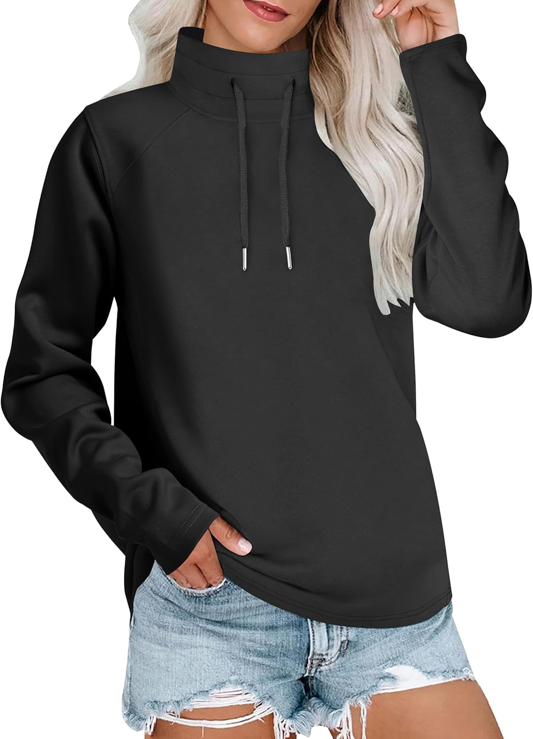 Caracilia Women’s Mock Neck Sweatshirts Loose Fit Drawstring Pullover Hoodies Casual Tunic Tops 2024 Trendy Fall Clothes