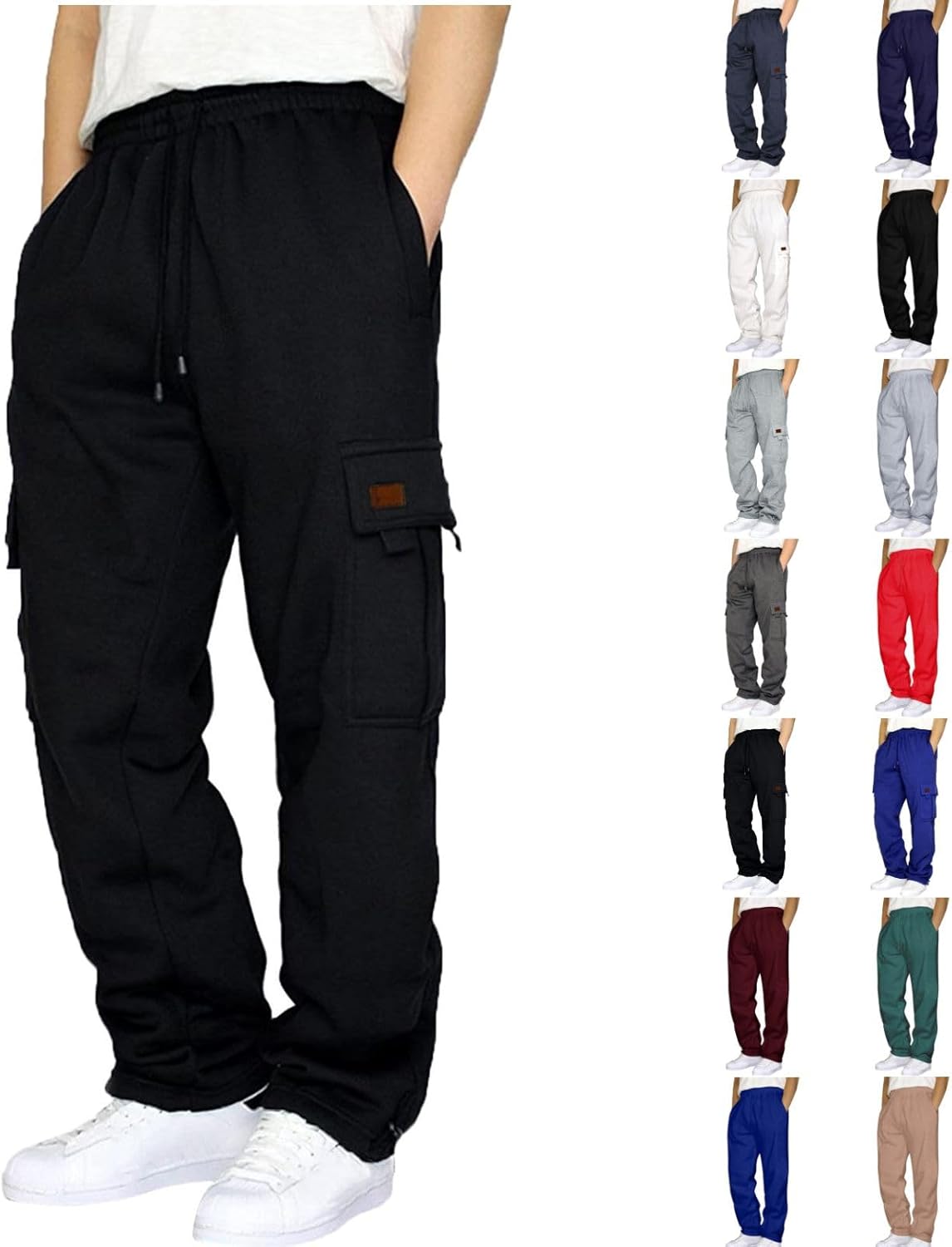 Cargo Sweatpants for Men Fleece Open Bottom Drawstring Baggy Joggers Loose Fit Tech Athletic Workout Gym Pants Pocket