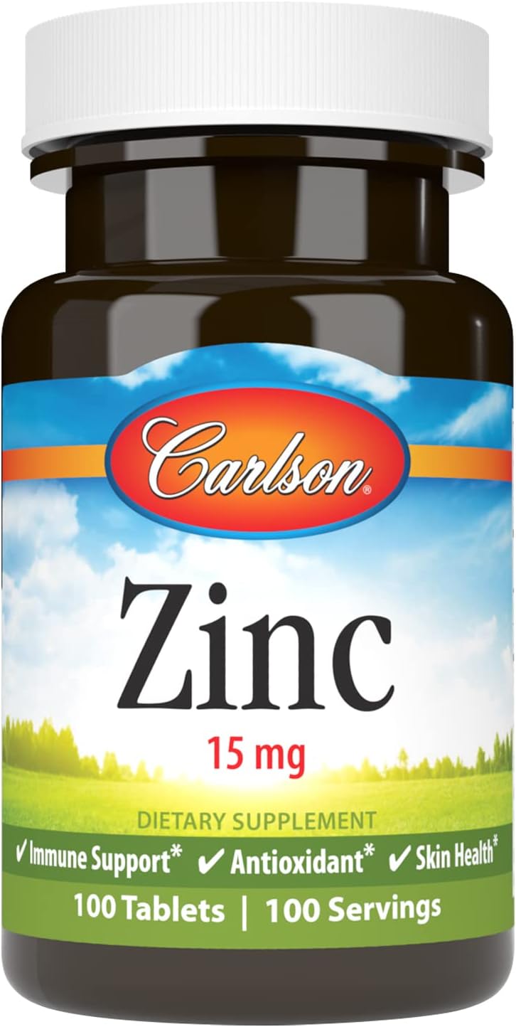 Carlson – Zinc, 15 mg, Zinc Supplement, Zinc Gluconate, Immune Support & Skin Health, Zinc Tablets, Antioxidant, Zinc Capsules, 100 Tablets