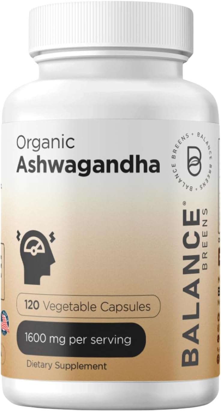 Certified Organic Ashwagandha 1600 mg Supplement – 120 Vegan Capsules – Non-GMO Gluten-Free Pills by Balance Breens
