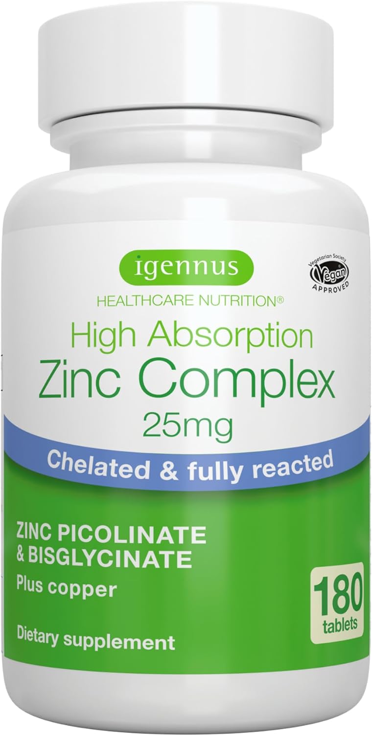 Chelated Zinc Picolinate & Bisglycinate Complex 25mg with Copper, 6 Month Supply, Clean Label Supplement for Immune, Skin and Cellular Health, High Absorption, Vegan, Non-GMO, 180 Tablets, by Igennus