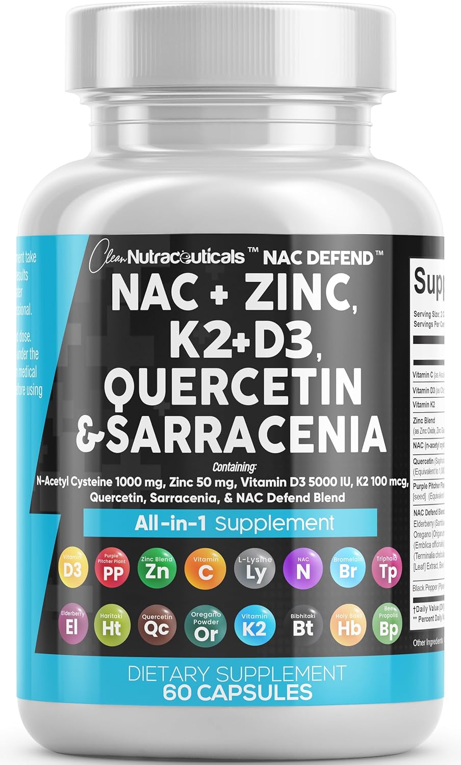 Clean Nutraceuticals NAC Supplement N-Acetyl Cysteine 1000mg Vitamin D3 K2 Zinc Quercetin 1000mg Sarracenia Purpurea 1000mg with Elderberry Holy Basil Bee Propolis Bromelain L-Lysine – 60 Count