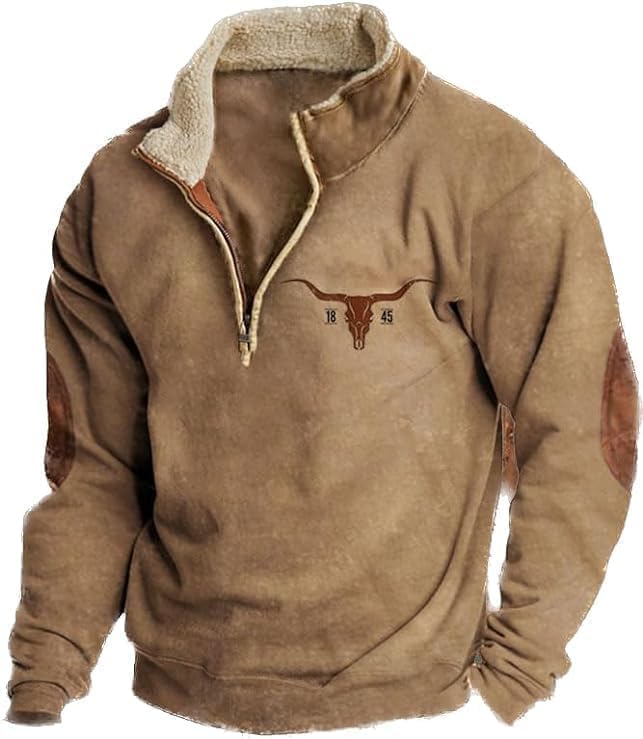 Costaric Aztec Cowboy Mens Hoodie Vintage Graphic Western Hoodies for Men Casual Long Sleeve Half Zip Pullover with Pocket