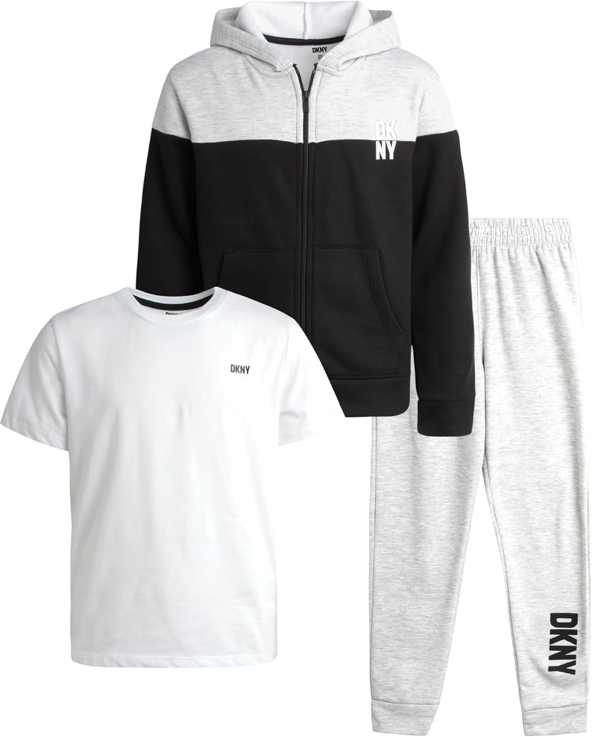 DKNY Boys’ Sweatsuit Set – 3 Piece Hoodie, T-Shirt, and Jogger Pants (4-12)