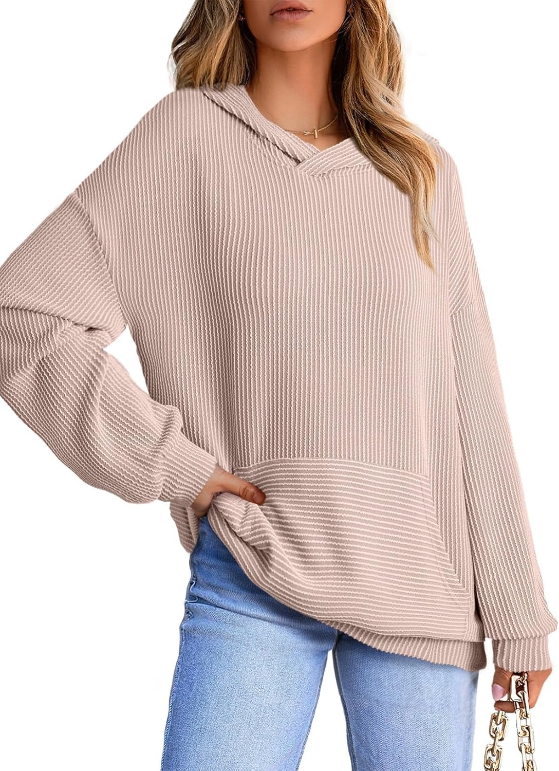 Dokotoo Women’s Pullover Hoodies Sweatshirts Casual Loose Long Sleeve Ribbed Knit Shirts