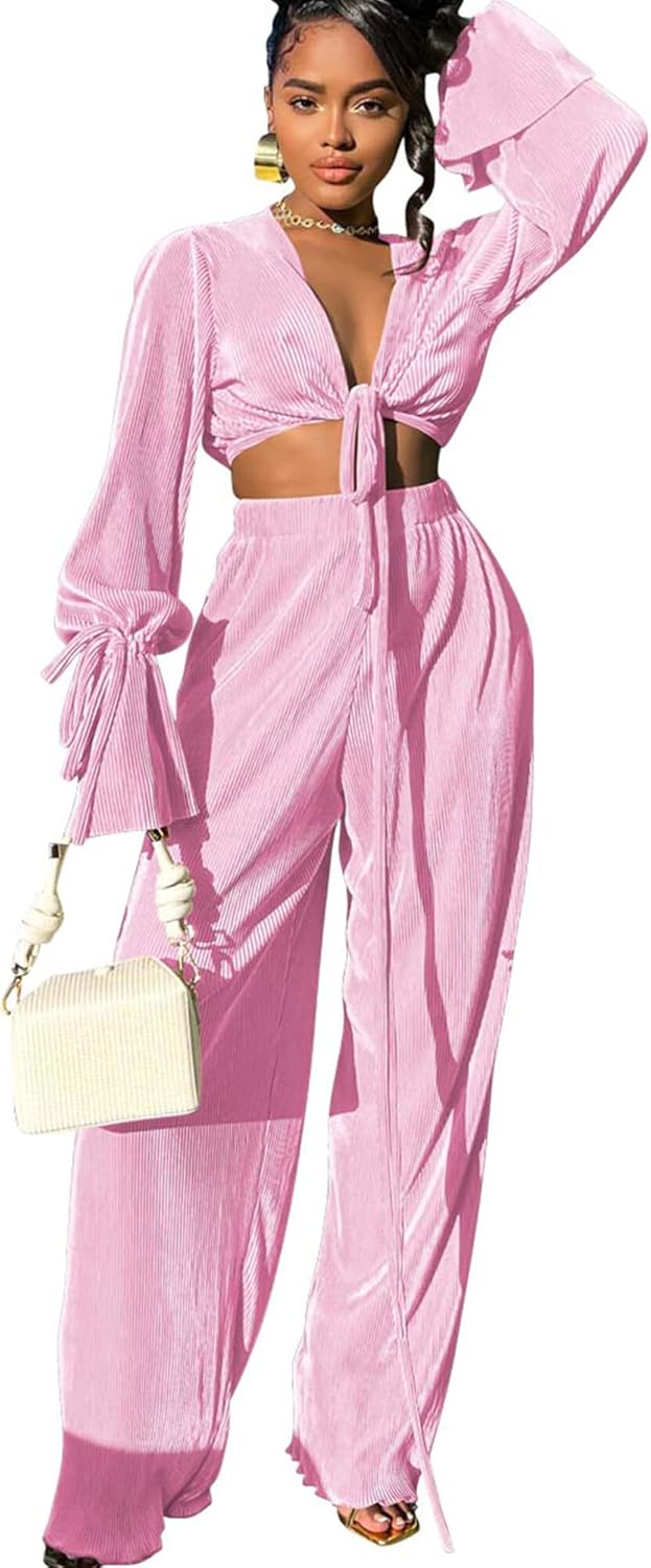 Doweha Two Piece Outfits for Women Summer Cute Plisse Set Outfit Lounge Sets Bell Sleeve Top Pants Sets Sexy 2 Piece Outfits