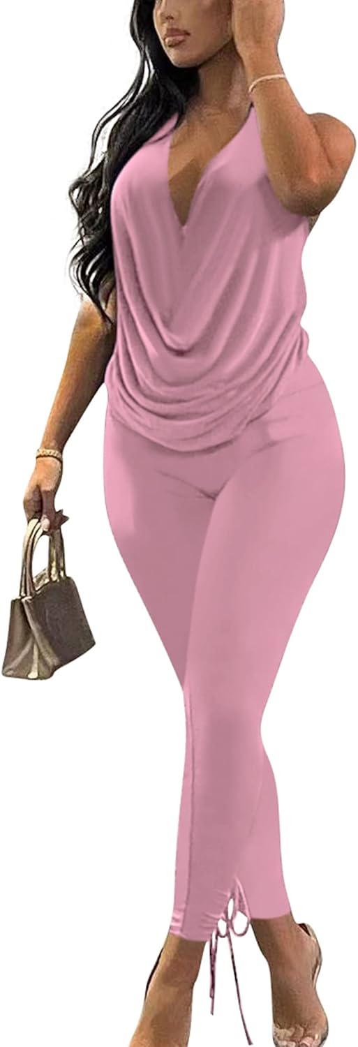 Doweha Women’s Sexy Summer Two Piece Outfits Sleeveless Backless Deep V Neck Tank Tops And High Waisted Pants Matching Sets