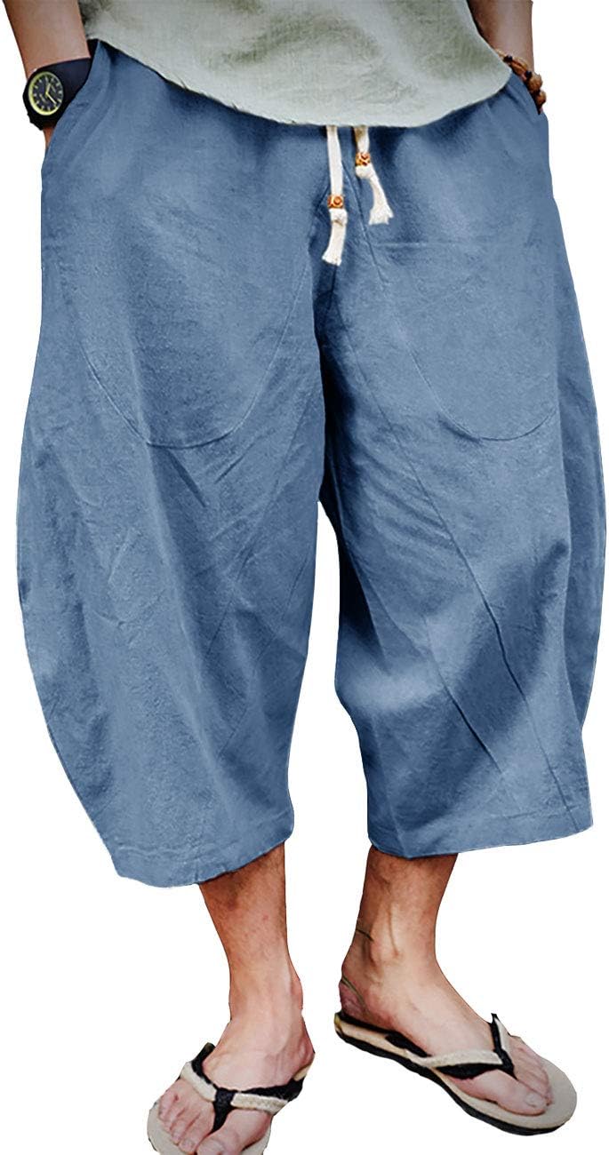 EKLENTSON Mens Cotton Linen Capri Pants Light Loose 3/4 Long Shorts Elastic Waist Drawstring Harem Casual Beach Yoga Trousers