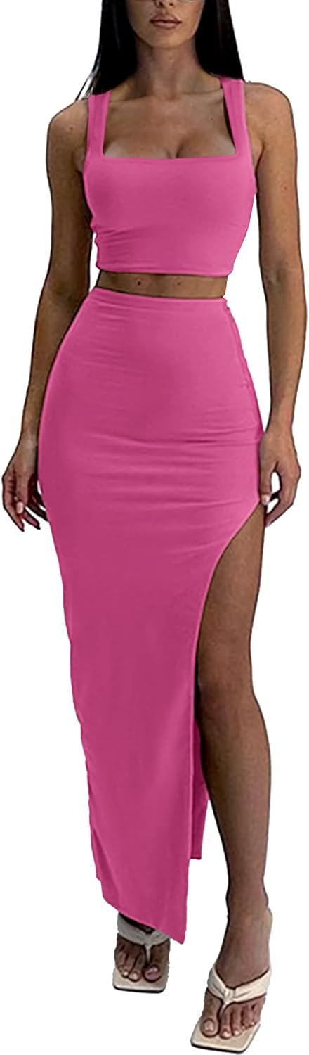 ELLEVEN Two Piece Maxi Skirt Sets for Women, Square Neck Tank Tops with High Side Slit Dress Sets Summer Outfits
