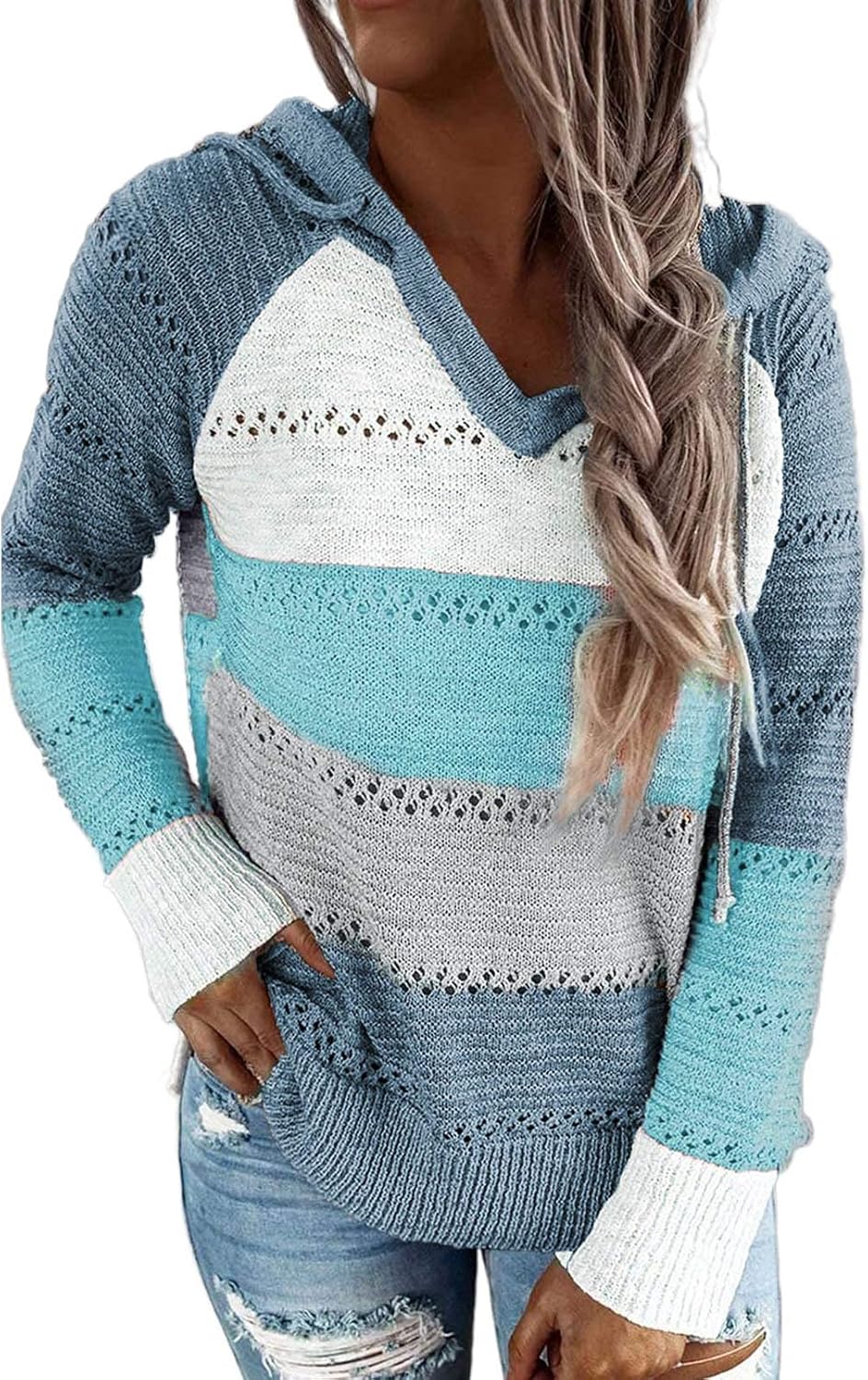 FEKOAFE Women’s 2024 Fall Striped Color Block Hoodies Fashion V Neck Knit Sweater Pullovers