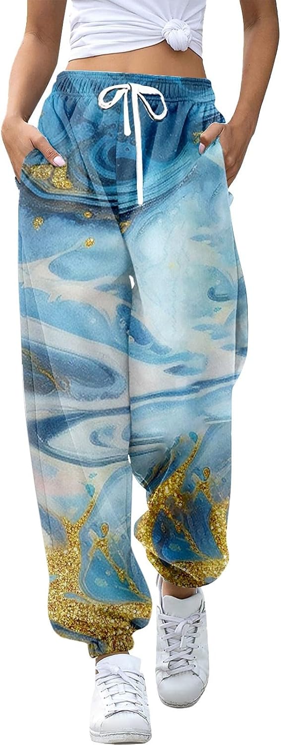 Fall Sweatpants for Women with Pockets Casual Lounge Oversized Foral Printed High Waist Ealstic Drawstring Yoga Pant