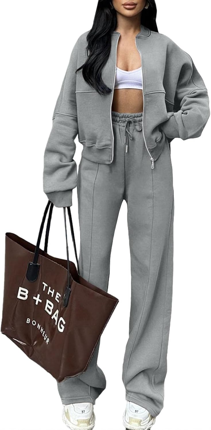 Fisoew Women’s Two Piece Outfits Sweatsuits Long Sleeve Zip Up Sweatshirts and Wide Leg Sweatpants Tracksuit Sets