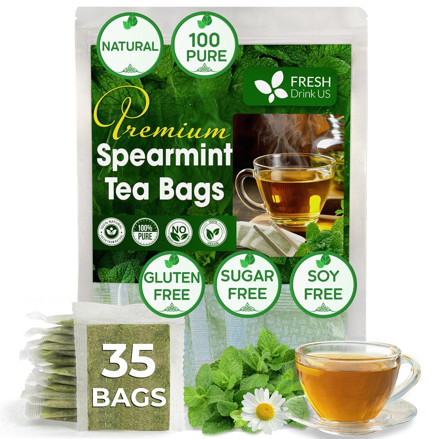FreshDrinkUS, Premium 35 Spearmint Tea Bags, 100% Natural Spearmint Leaves. Loose Leaf Spearmint Herbal Tea. Spearmint Leaf Tea. No Sugar, No Caffeine, No Gluten, Vegan.