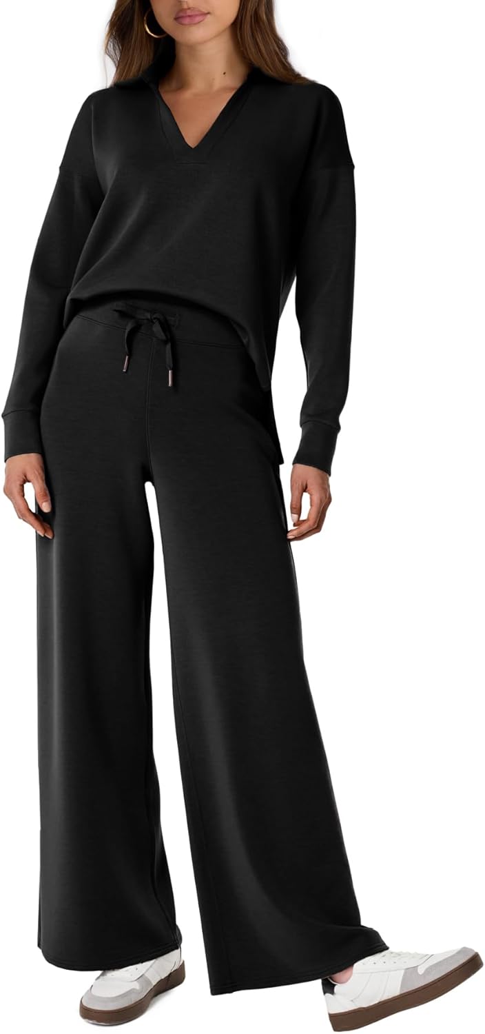 Glamaker Women’s 2 Piece Sets Outfits Casual Long Sleeve Sweatsuits Polo Top and Wide Leg Pants Matching Sets