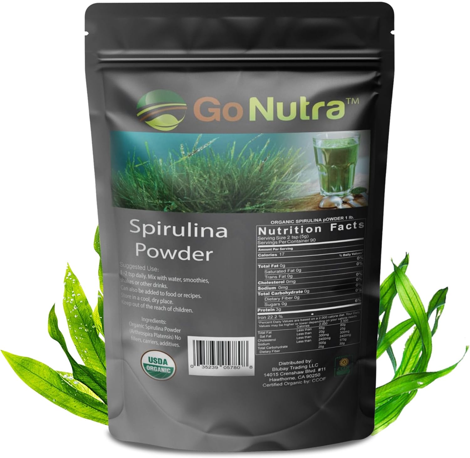 Go Nutra Spirulina Powder Organic | Pure Non GMO Superfoods for Antioxidant, Minerals, Fatty Acids, Fiber & Protein | Vegan Friendly (1 lb. (16 oz.))